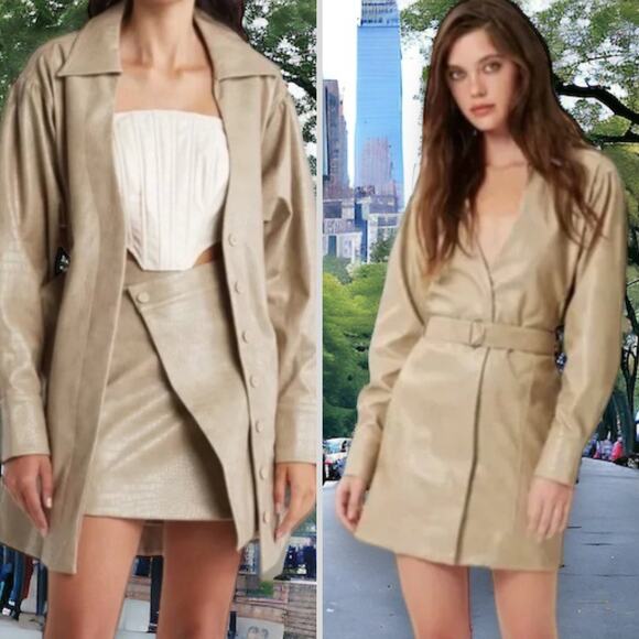 NWT NICHOLAS DRESS 2 JACKET TAN BEIGE SHORT VEGAN LEATHER ASHTON SNAKE EMBOSSED - Picture 2 of 14